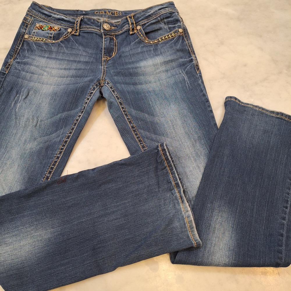 Grace in LA Bootcut Jeans Women 28 Blue Embroidered Studded Western Boho Denim